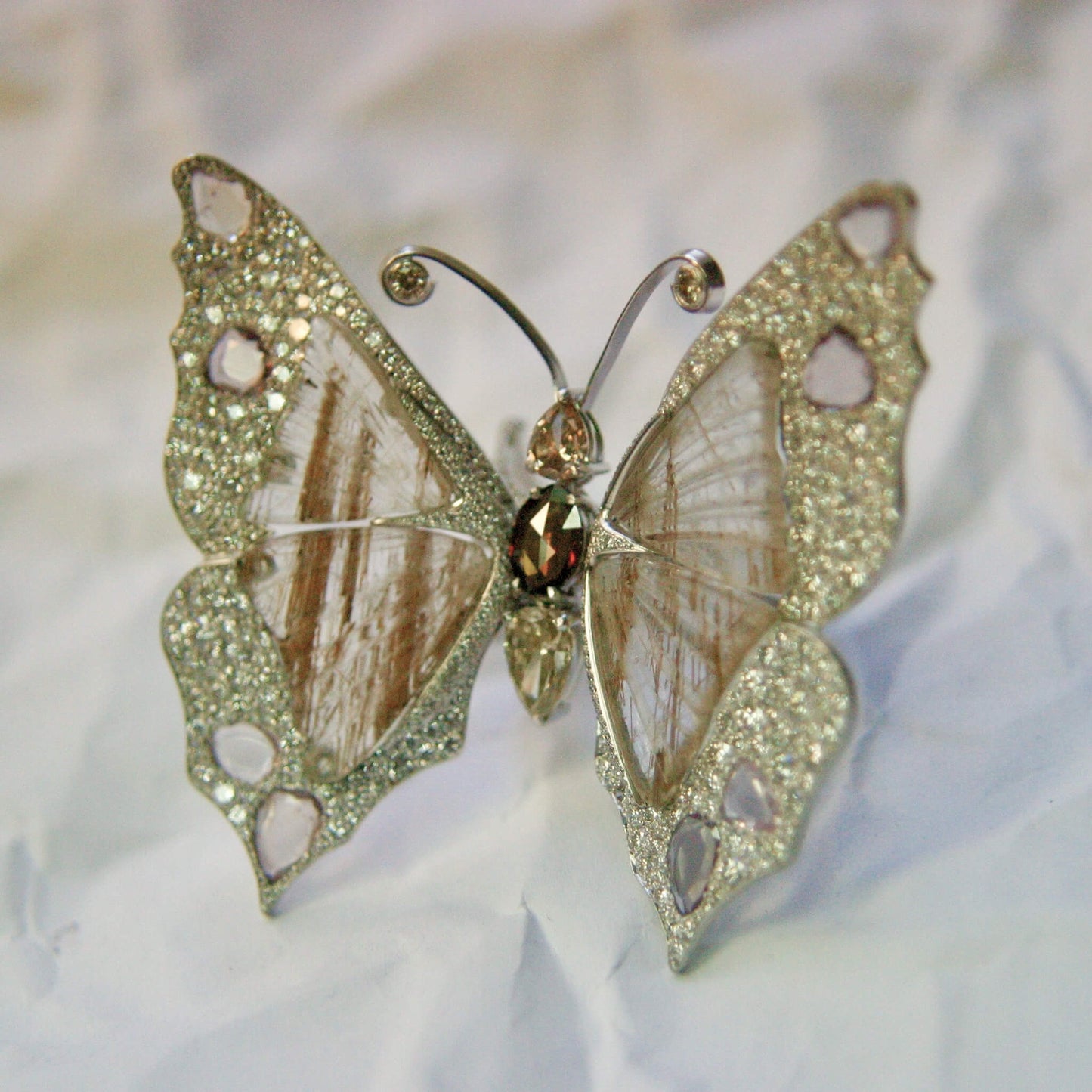 Butterfly Diamond Ring with Wings of Rutile Quartz and Sapphire