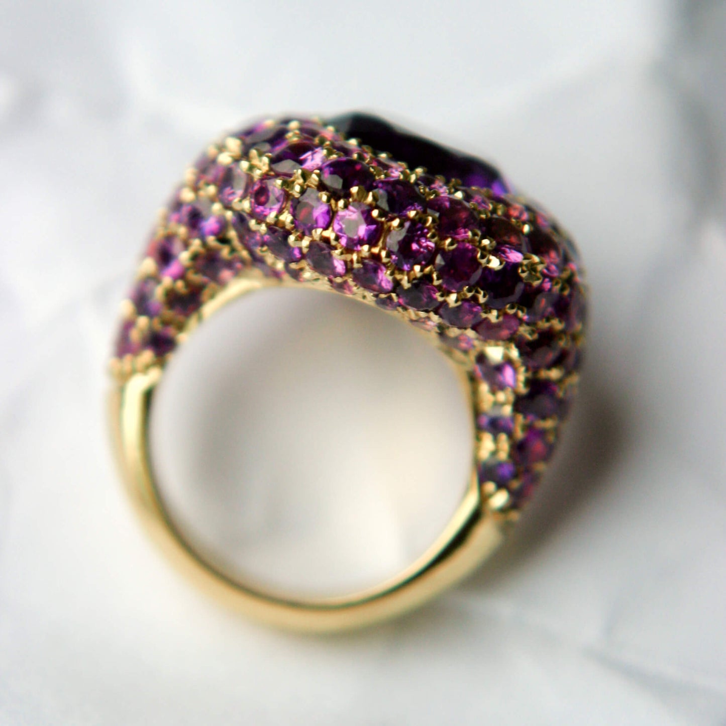 Yellow Gold Bombé Solitaire Amethyst with Brilliant-Cut Amethyst Accents