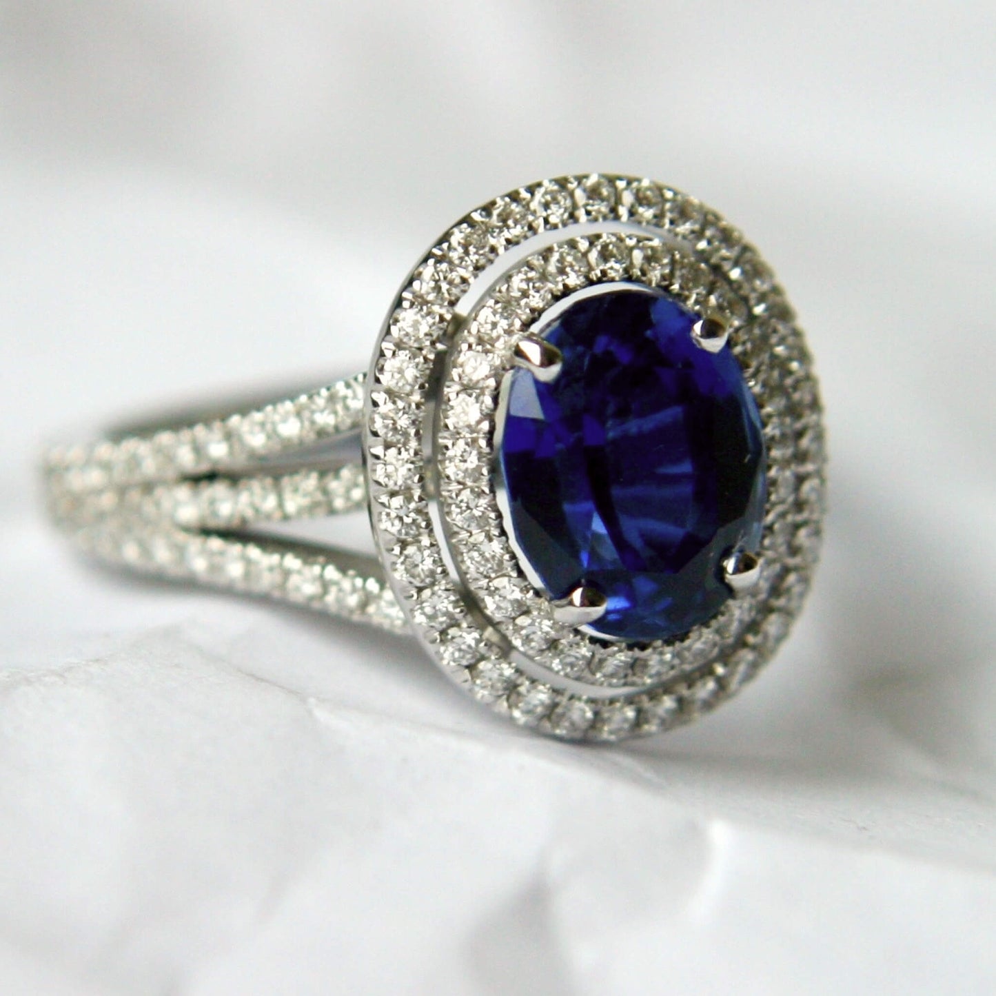 Oval Sapphire Entourage Ring with Castle-Set Diamonds