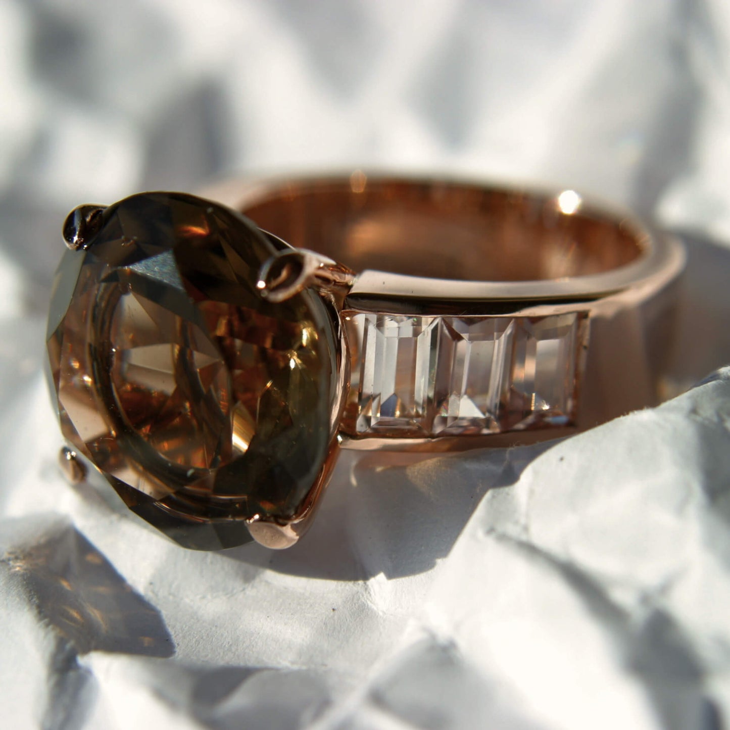 Brilliant-Cut Smoky Quartz Solitaire Ring with Baguette Tourmalines in Rail