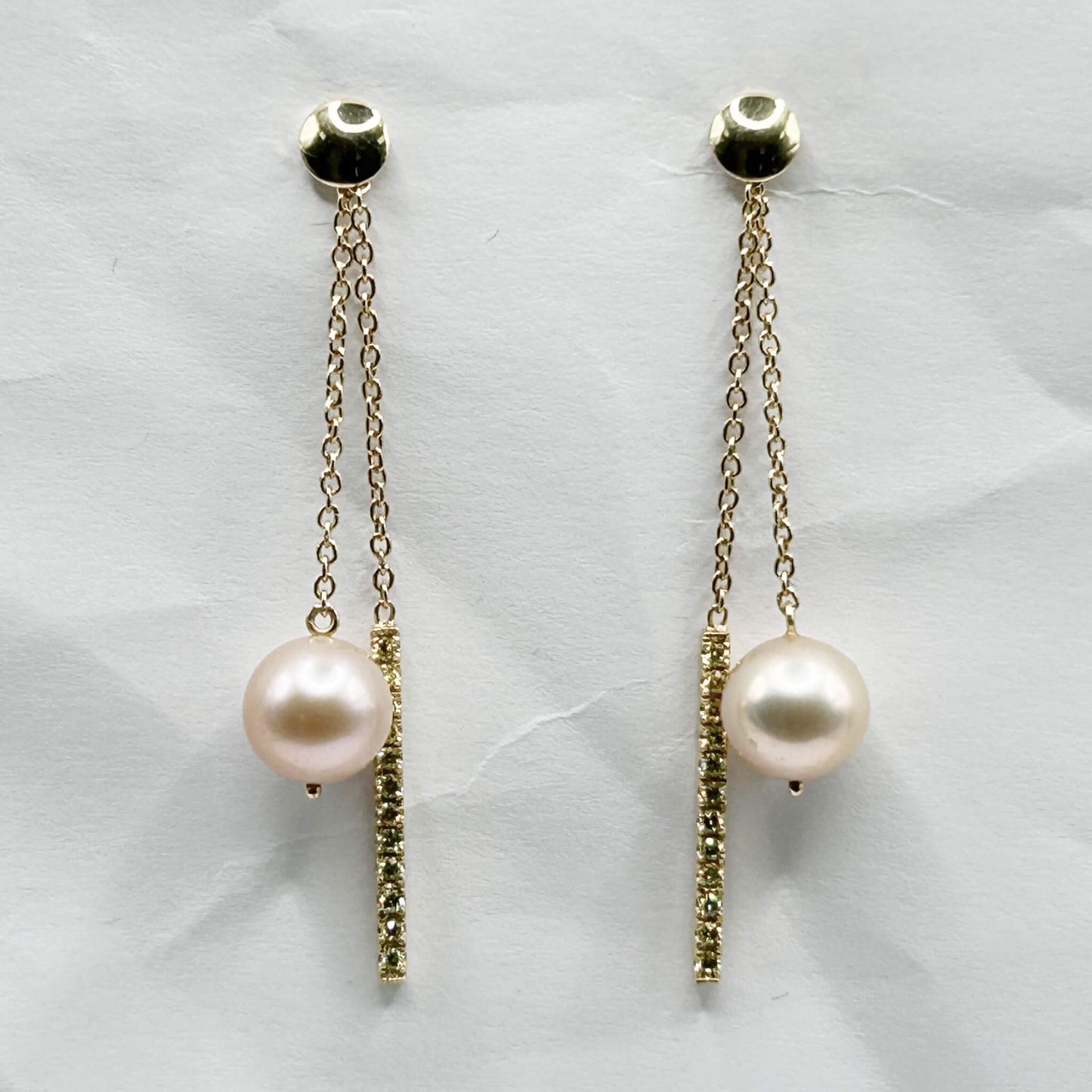 Golden Bar & Pearl Drop Earrings with Diamonds