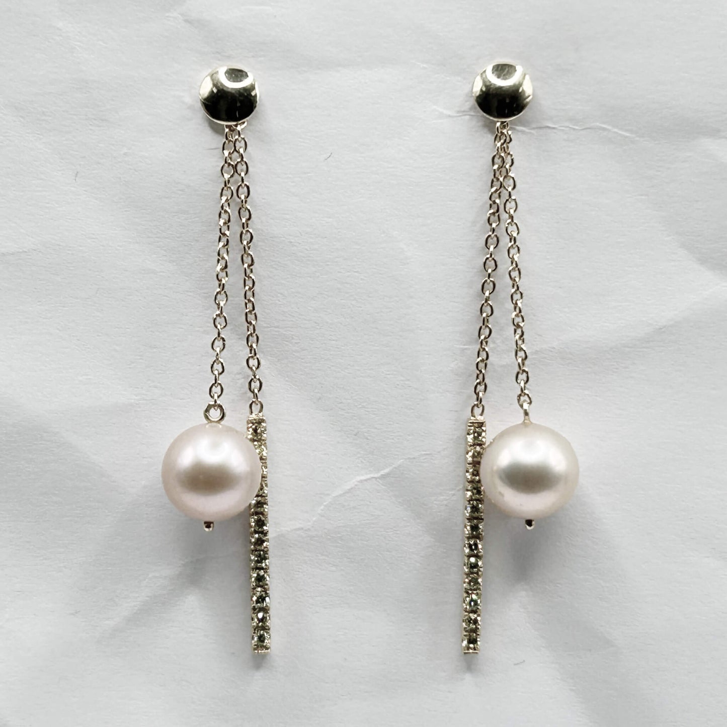 Golden Bar & Pearl Drop Earrings with Diamonds
