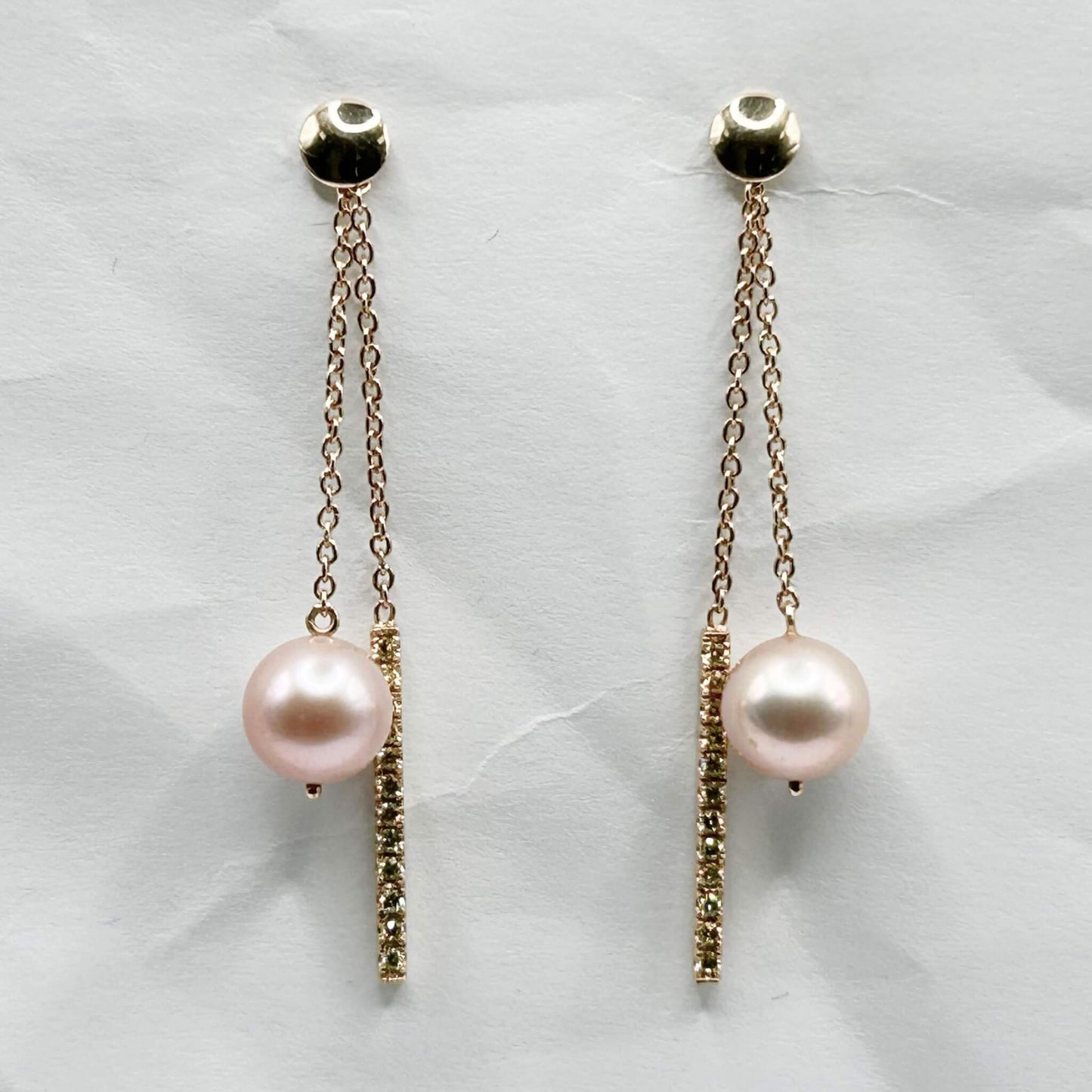 Golden Bar & Pearl Drop Earrings with Diamonds