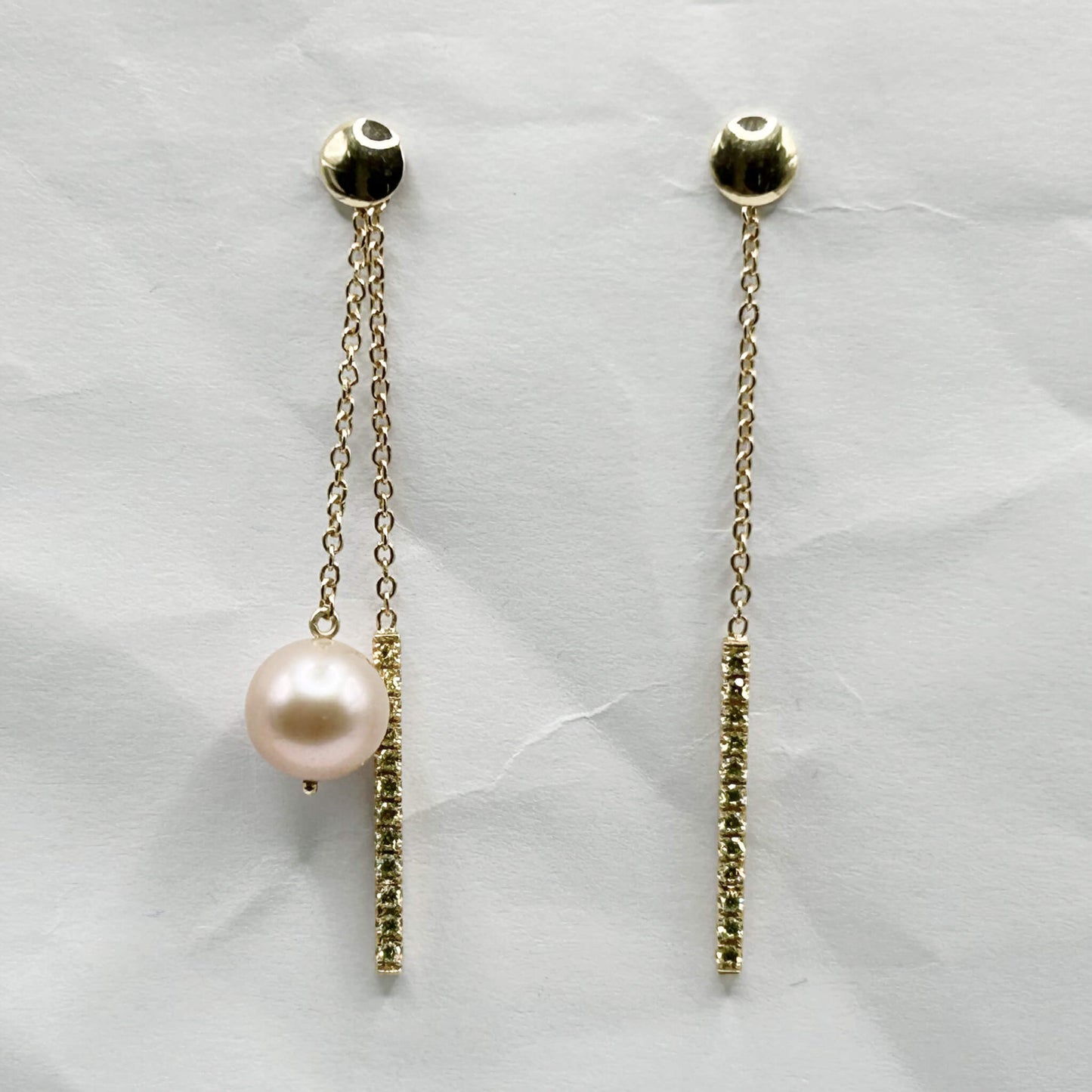 Golden Bar & Pearl Drop Earrings with Diamonds