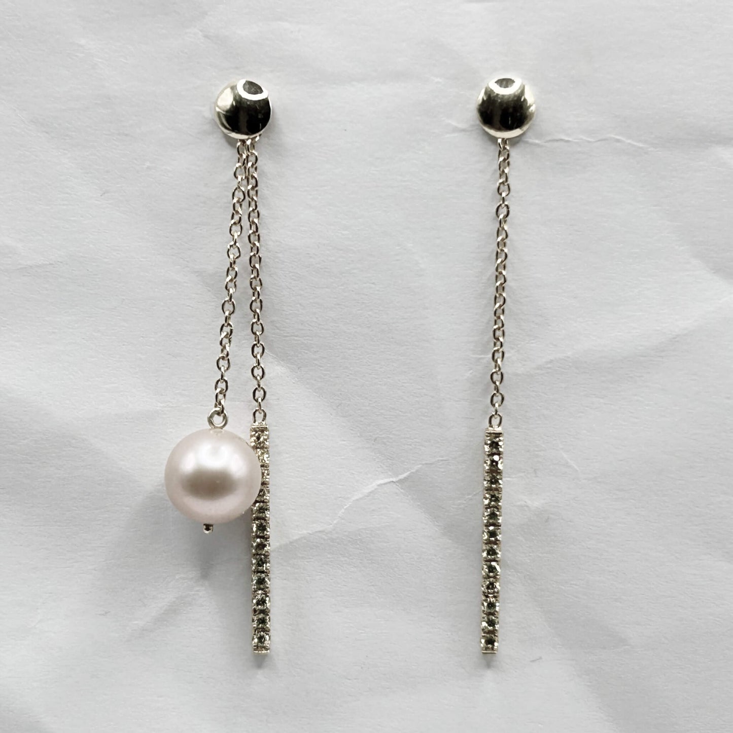 Golden Bar & Pearl Drop Earrings with Diamonds