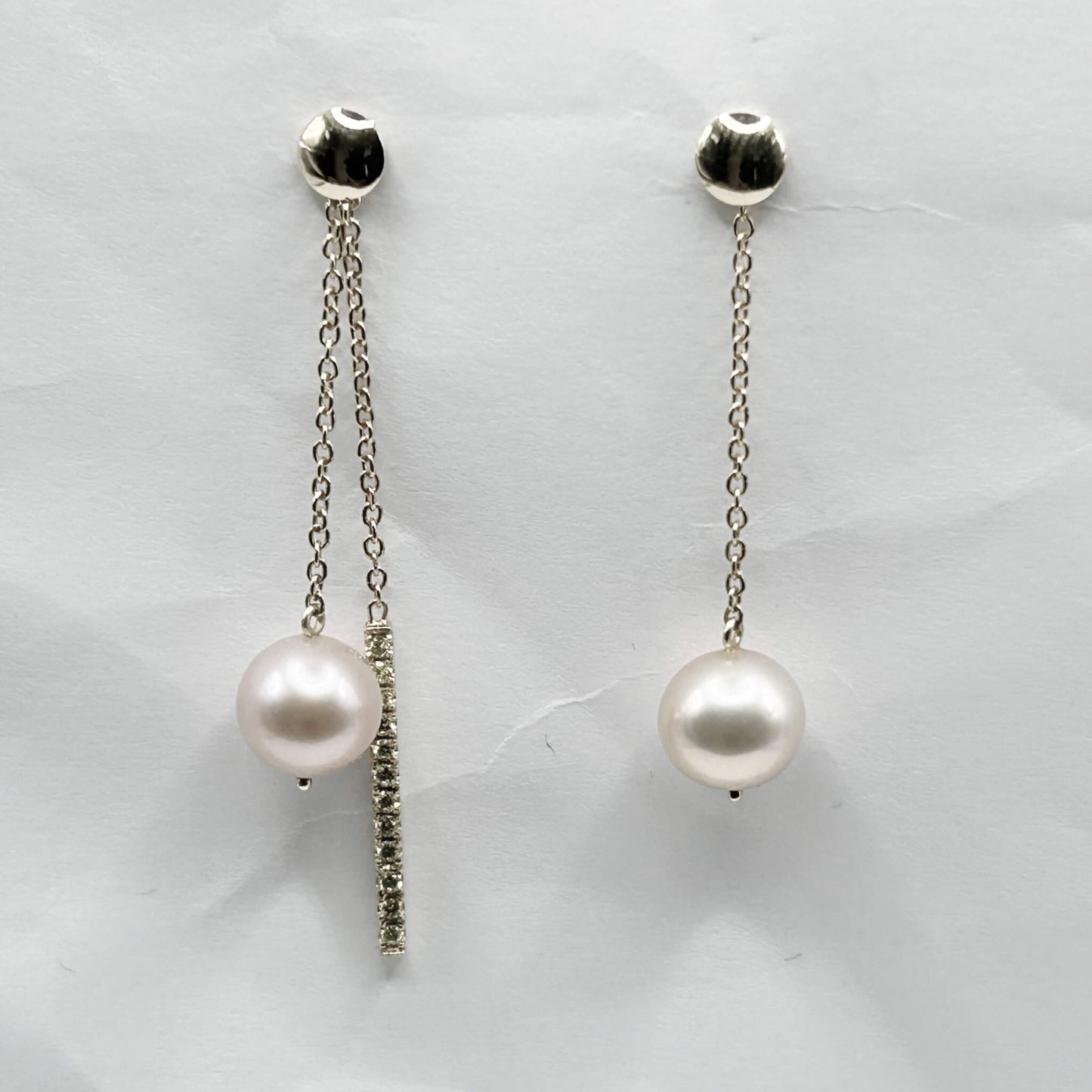 Golden Bar & Pearl Drop Earrings with Diamonds