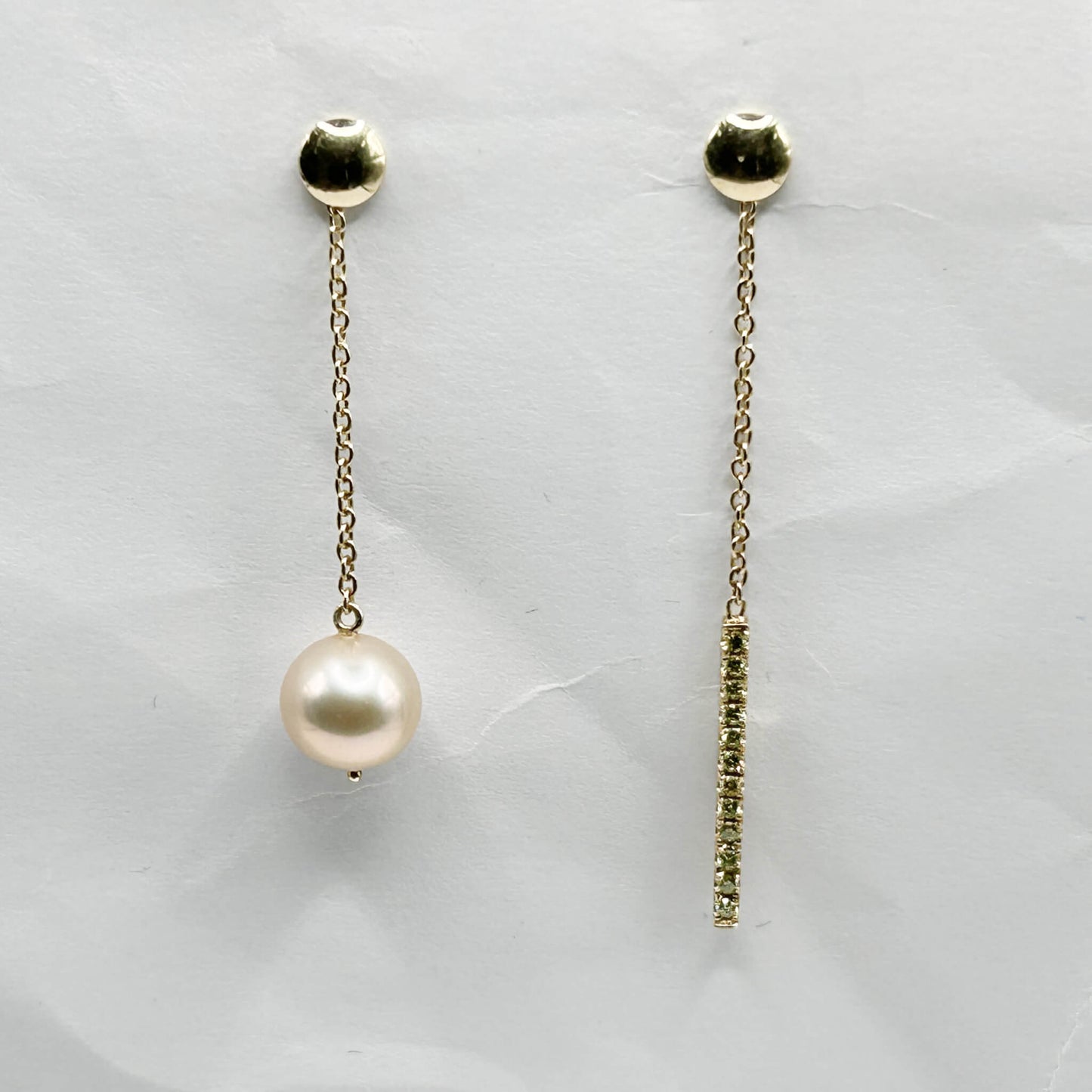 Golden Bar & Pearl Drop Earrings with Diamonds