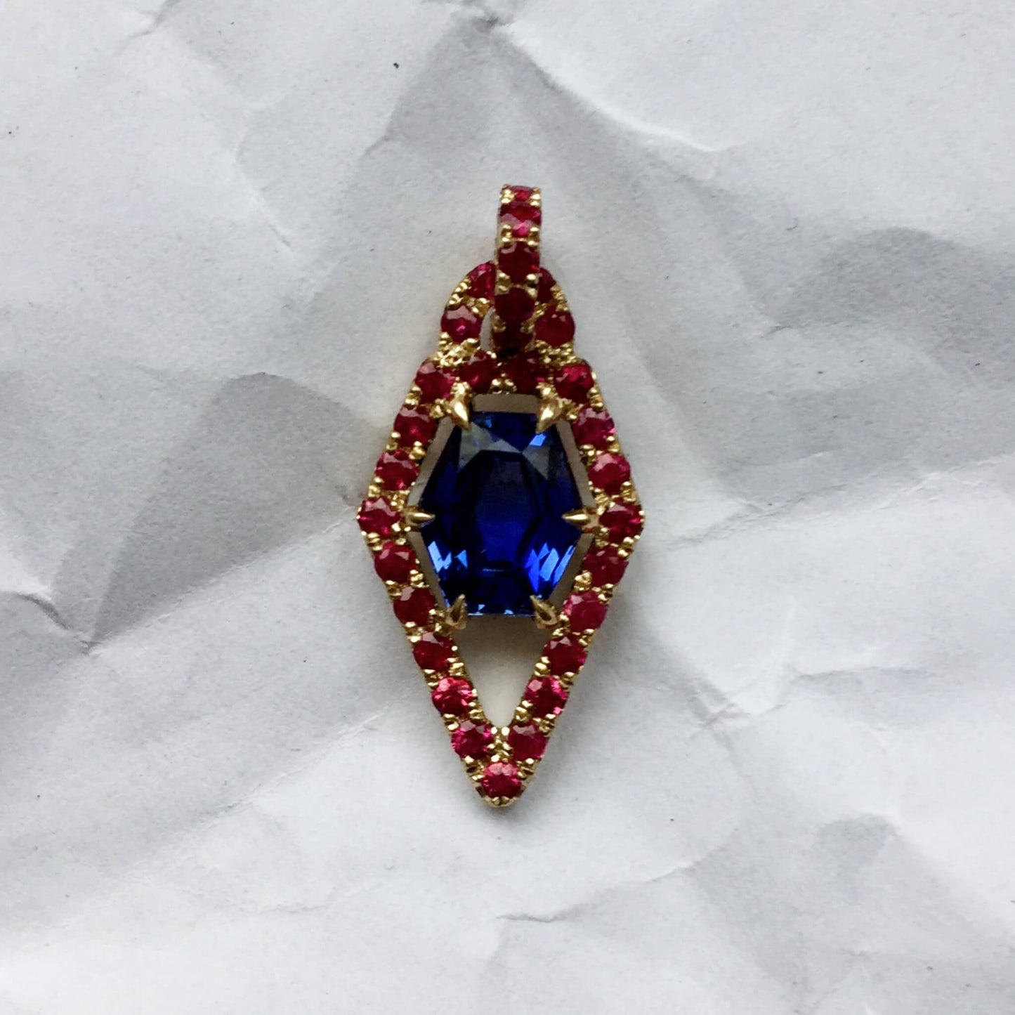 Blue Sapphire Pendant with Ruby Pavé