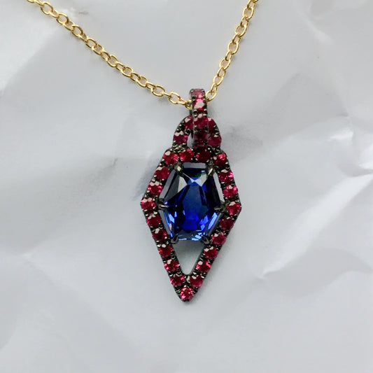 Blue Sapphire Pendant with Ruby Pavé