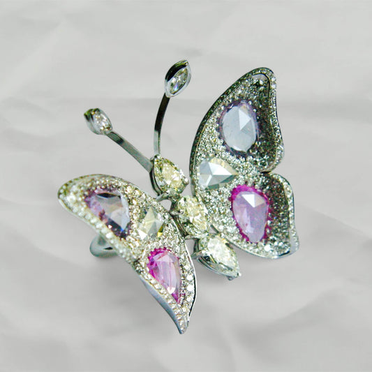 Butterfly Ring in Diamonds with Sapphire Flake Wings and Pavé Setting