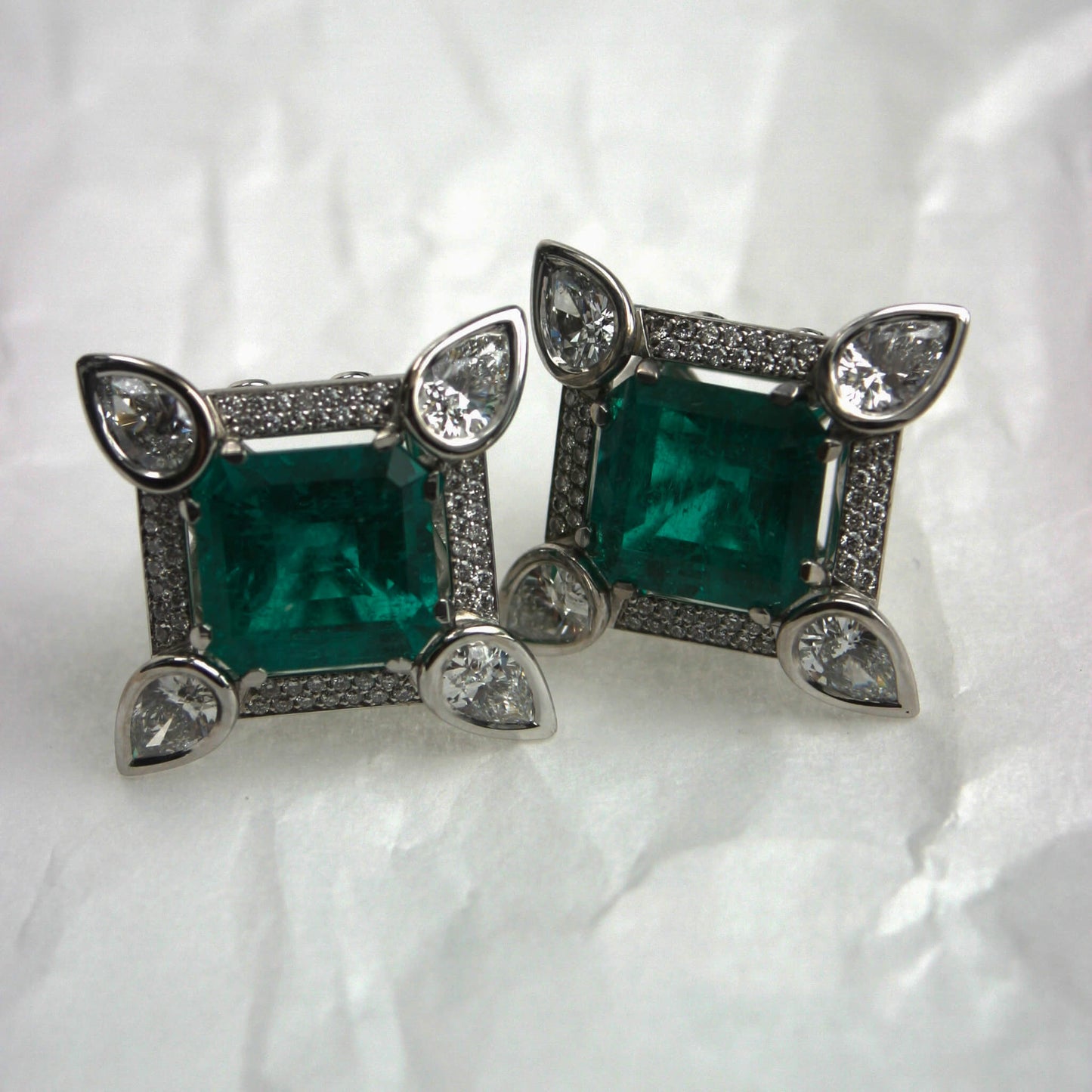 Emerald-Cut Emerald Earrings with Pear-Shaped and Pavé Diamonds