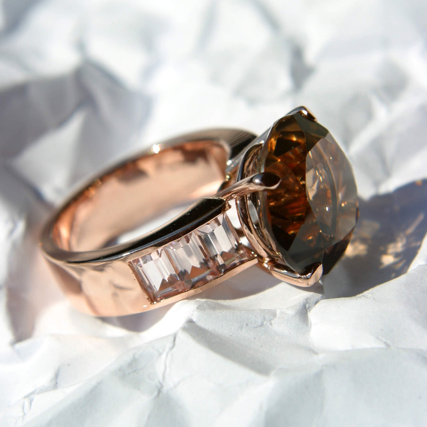 Brilliant-Cut Smoky Quartz Solitaire Ring with Baguette Tourmalines in Rail
