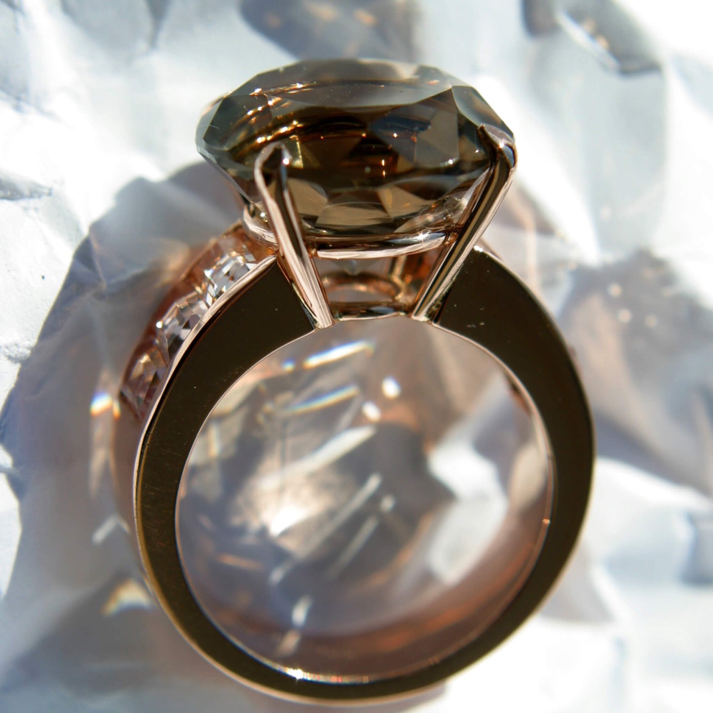 Brilliant-Cut Smoky Quartz Solitaire Ring with Baguette Tourmalines in Rail