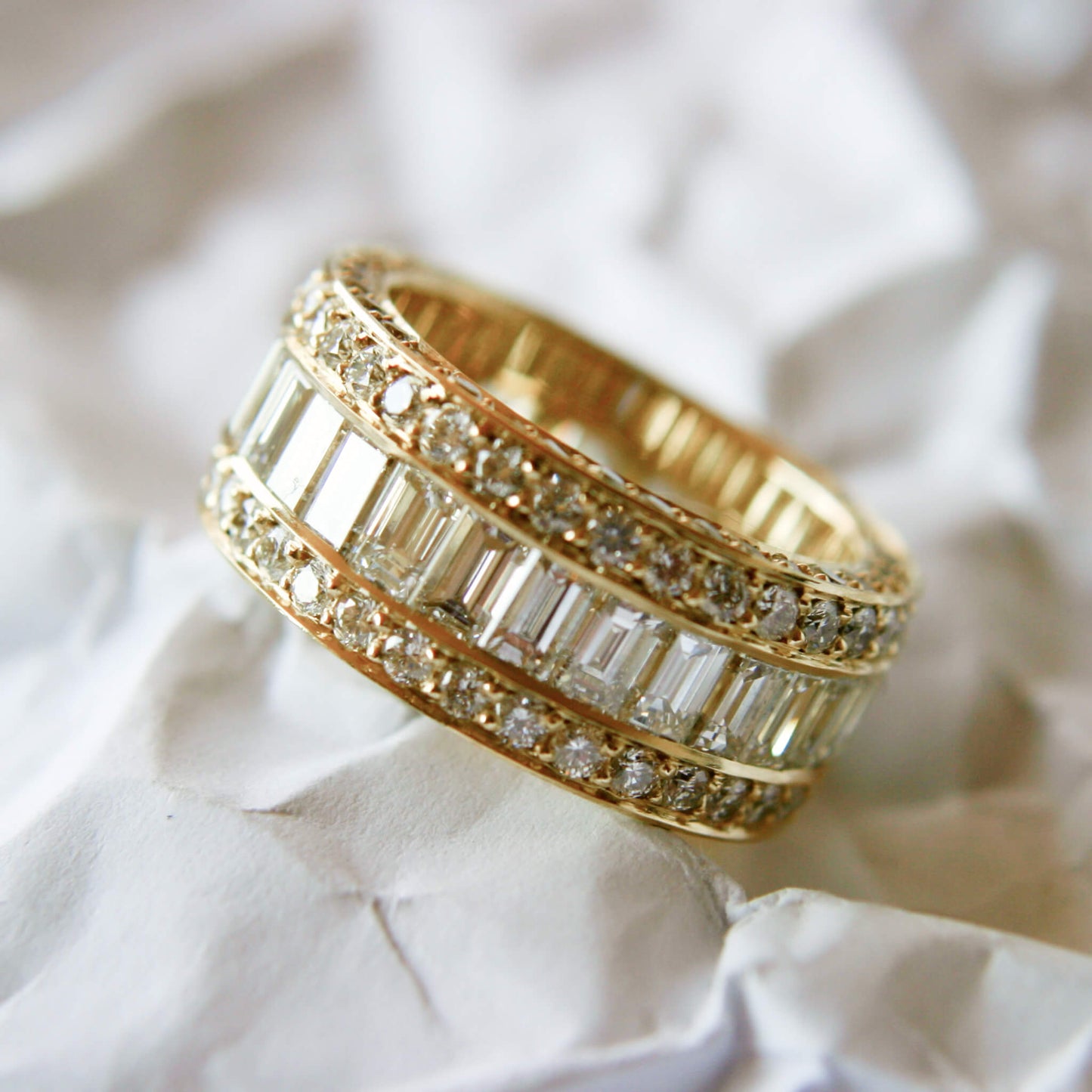 Yellow Gold Alliance Ring with Baguette & Pavé Diamonds