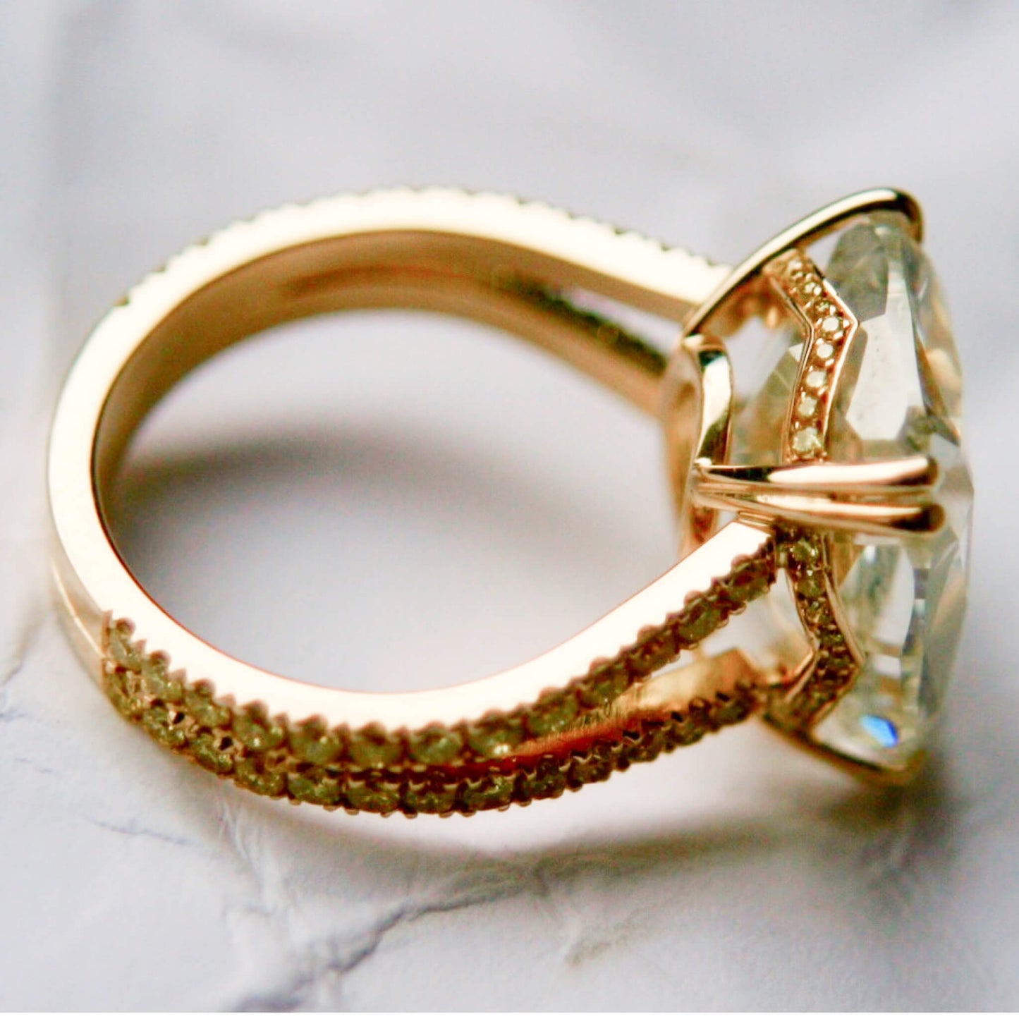 Cushion-Cut Solitaire Ring with Chaton Setting and Ajour Detailing
