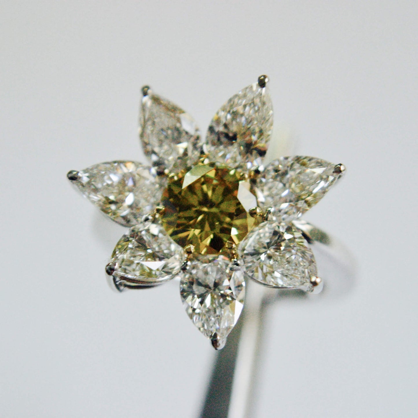 Green Diamond Entourage Ring with Pear-Cut Diamonds