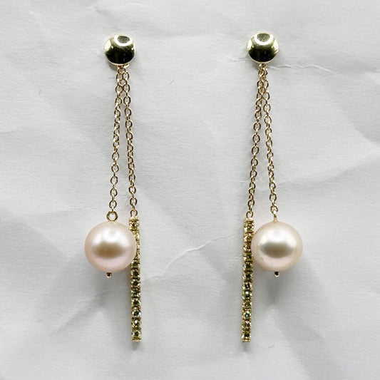 Golden Bar & Pearl Drop Earrings with Diamonds